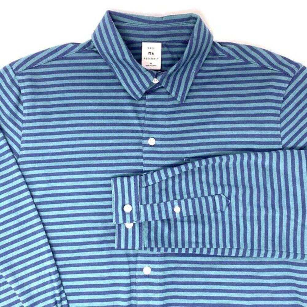Free Assembly Navy & Green Horizontal Stripes Mens Long Sleeve Shirt Size Medium - Picture 6 of 9